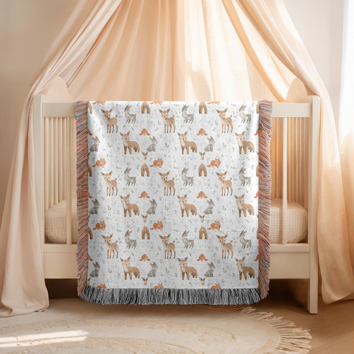 Woodland Deer Fox Baby Woven Blanket Forest Animal Nursery Decor Kids Throw Baby Shower Gift