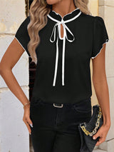 Fashionable Versatile Pleated Round Neck Tie-Print Short Sleeve Women's Top