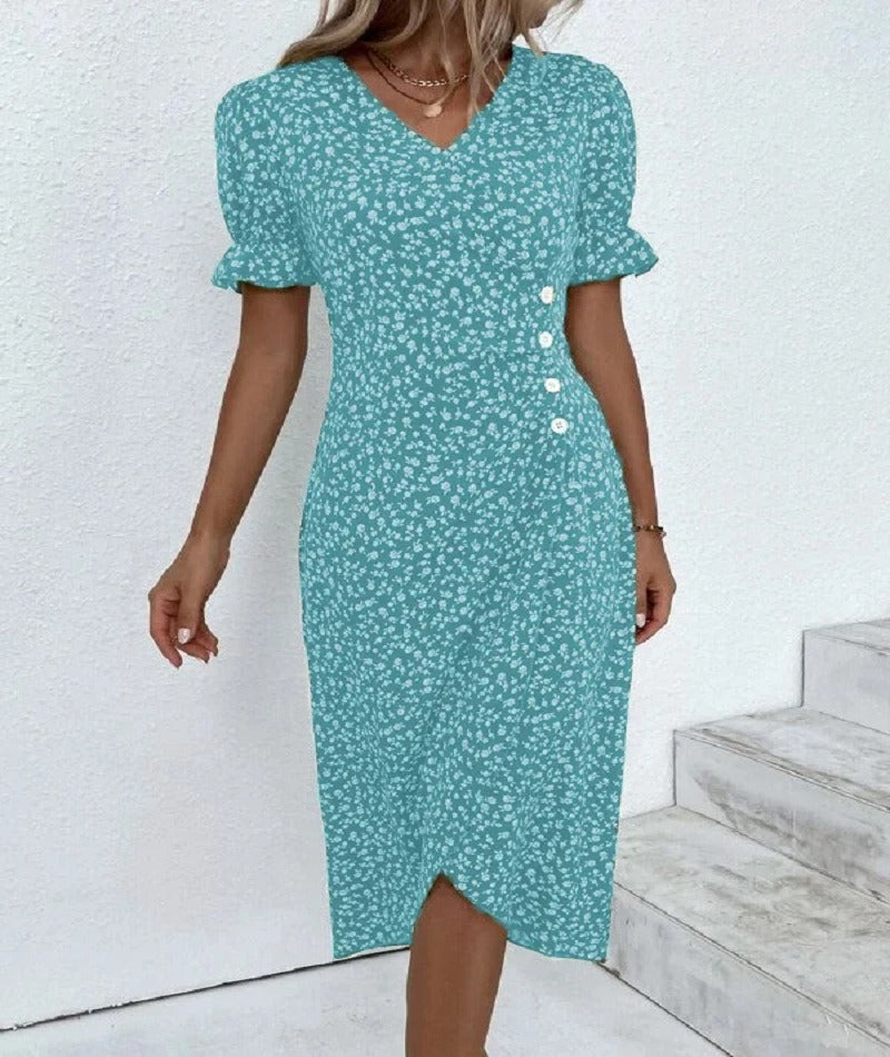 European and American Summer New Womens Vacation Leisure Flower Irregular Bottom V Neck Dress