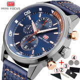 Mini Focus chronograph watch, blue dial with silver accents, blue leather strap