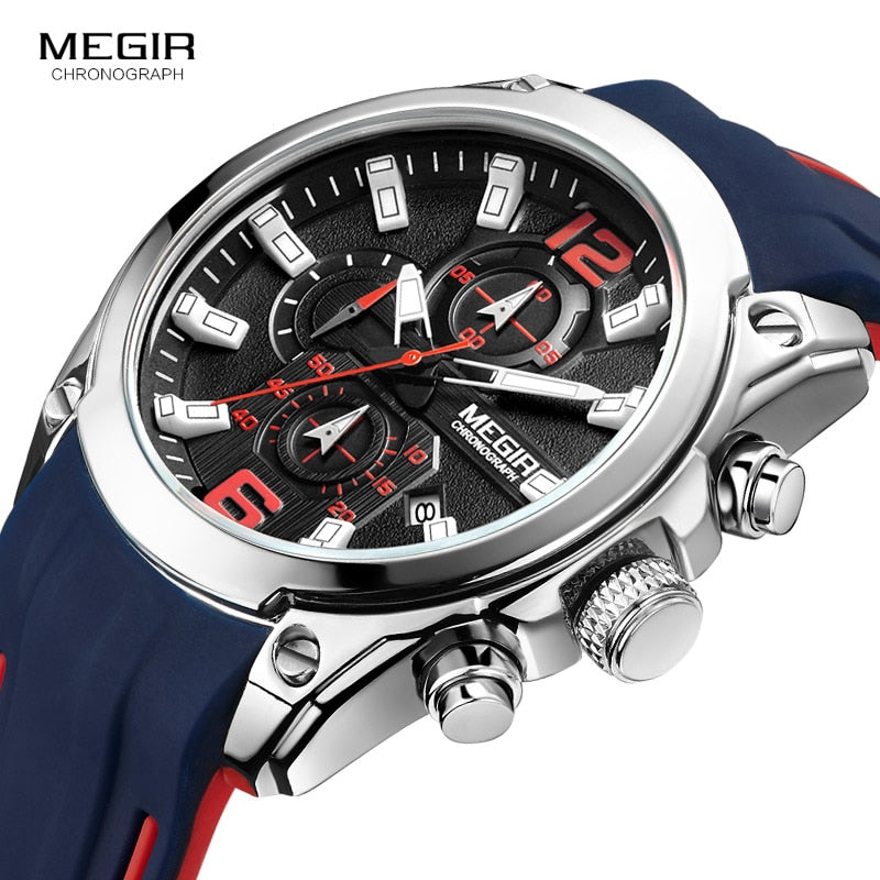 Megir men's chronograph watch, black dial with red accents, blue silicone strap