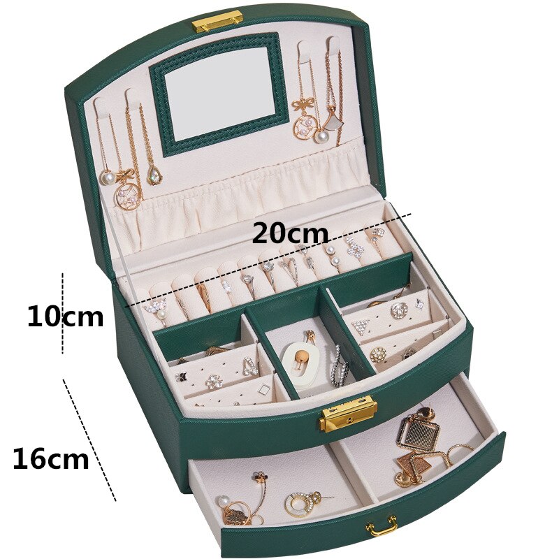New Wear-resista Leather Jewelry Box Travel Jewelry Organizer Multifunction Necklace Earring Storage Box with Mirror Gifts