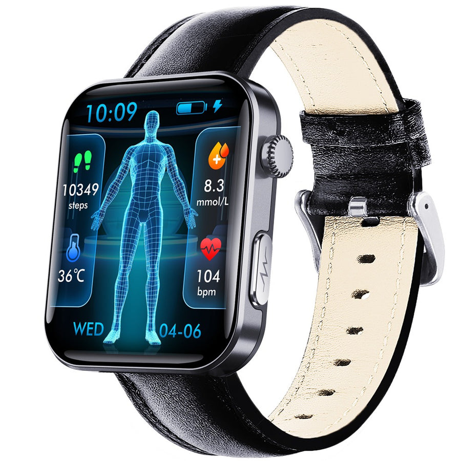 F300 smartwatch with a brown strap, square touchscreen face showing heart rate and step count