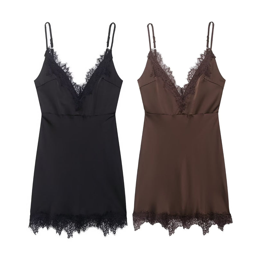Sexy lace trim spaghetti strap dress for ladies