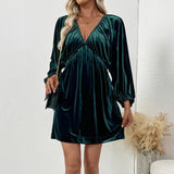 Women's Solid Color Lantern Sleeve Deep V Neck Velvet Dress