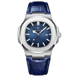 Silver-cased watch with a blue textured dial, luminous hour markers, a date window, and a blue crocodile-embossed leather strap.