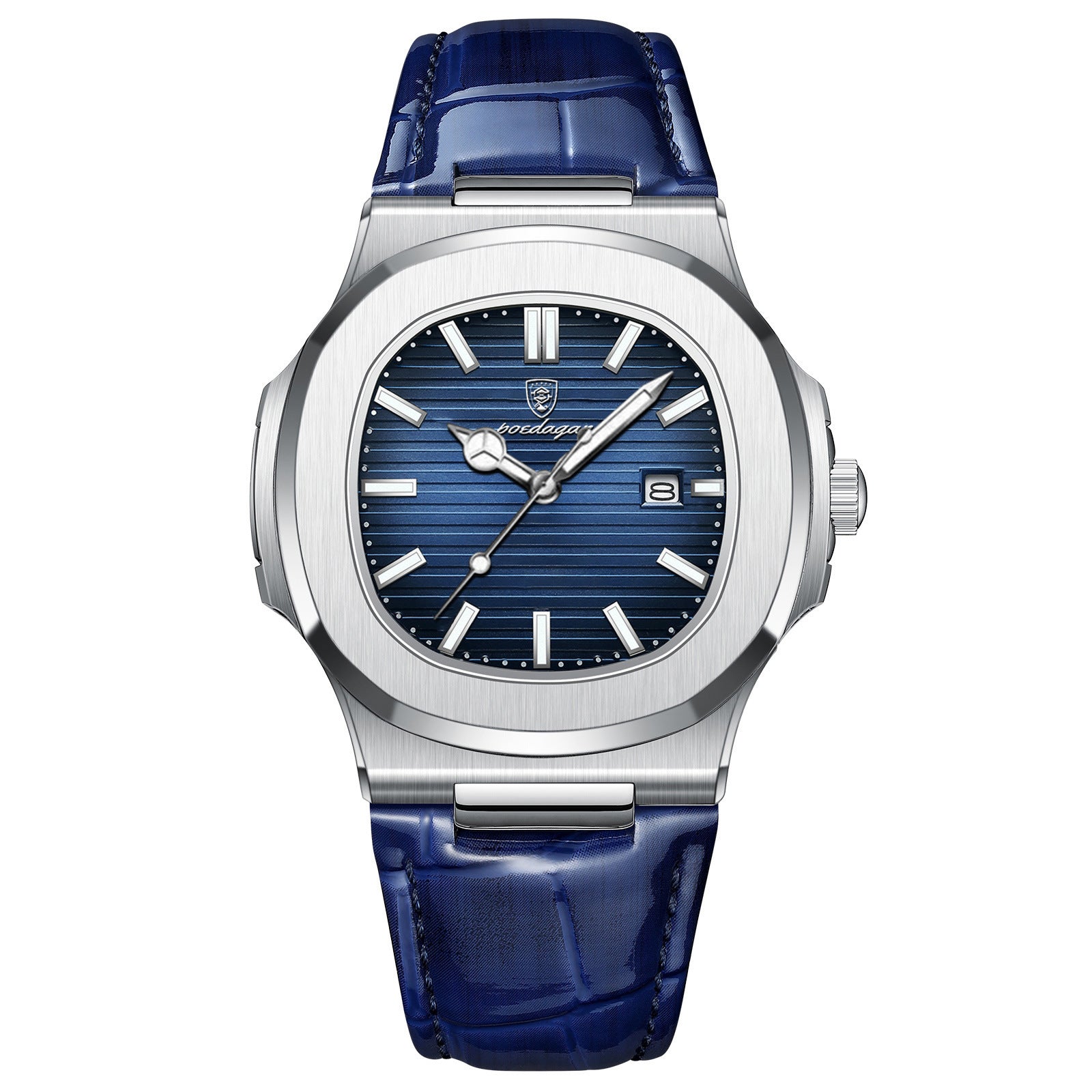 Silver-cased watch with a blue textured dial, luminous hour markers, a date window, and a blue crocodile-embossed leather strap.