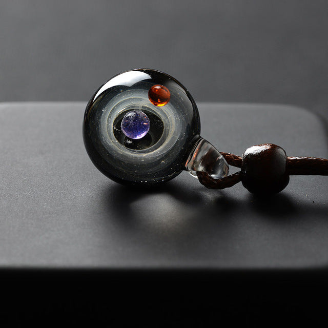 Universe Glass Bead Planets Pendant Necklace Galaxy Rope Chain Solar System Design Necklace