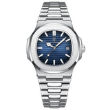 Silver stainless steel watch with a blue textured dial, luminous hour markers, and a matching metal bracelet band.