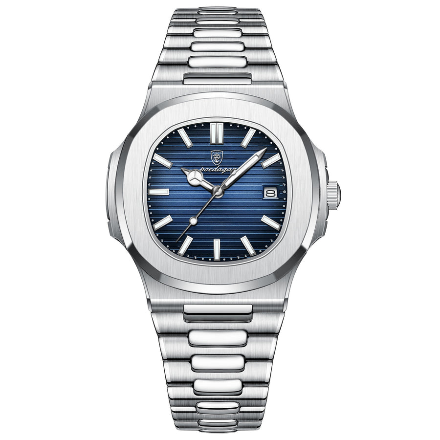 Silver stainless steel watch with a blue textured dial, luminous hour markers, and a matching metal bracelet band.