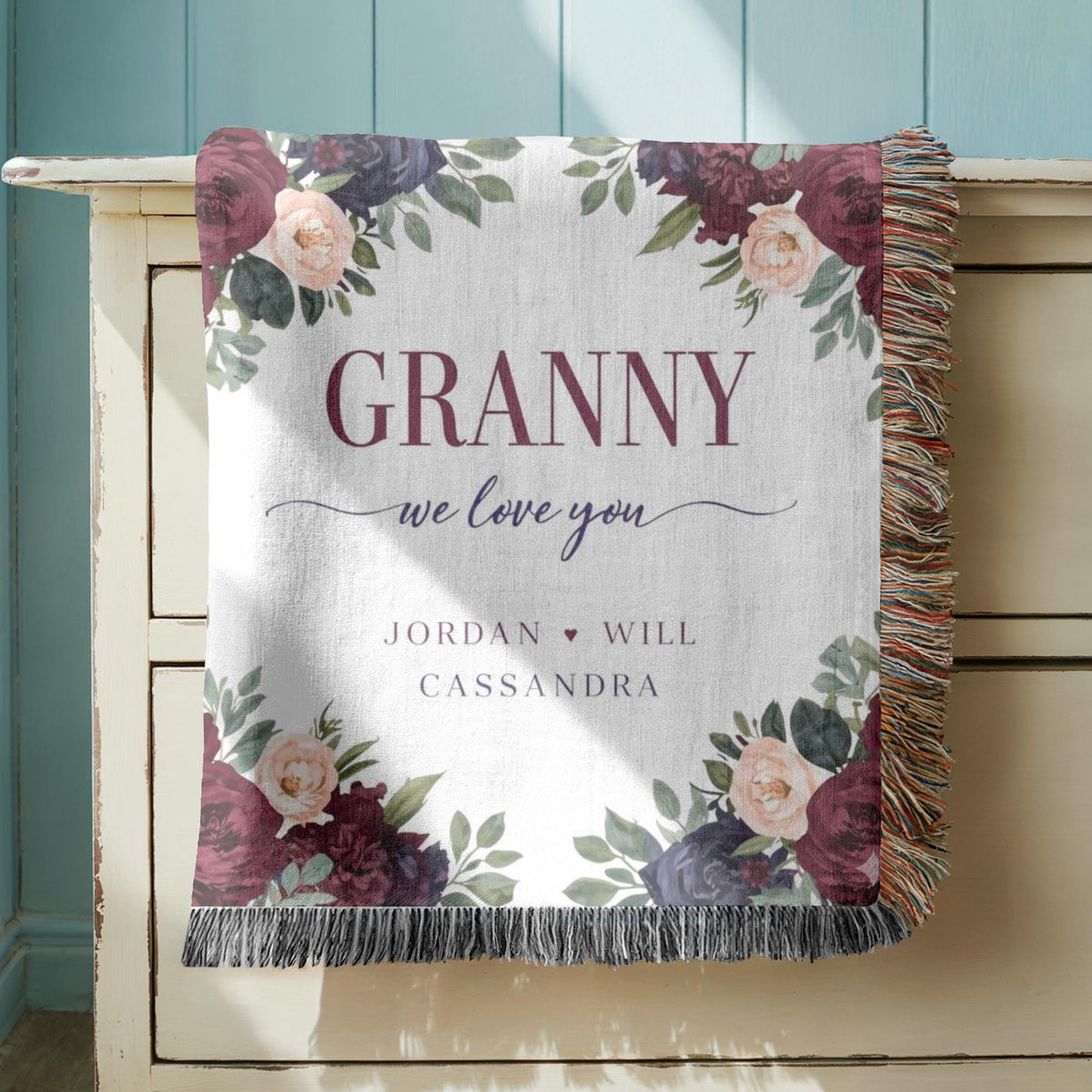 Personalized Granny Gift Woven Blanket Custom Grandmother Blanket Floral Family Name Blanket Mothers Day Gift