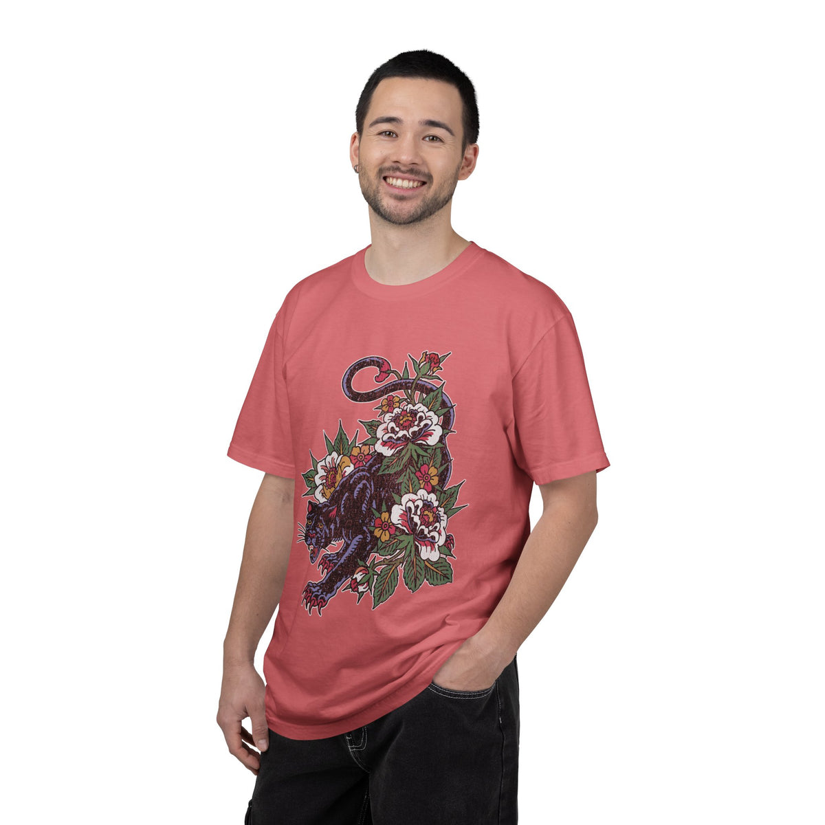 Traditional Panther Graphic Shirt, Floral Tattoo T-Shirt for Men and Women, Old School Big Cat Tee, Alternative Art Gift for Tattoo Fans