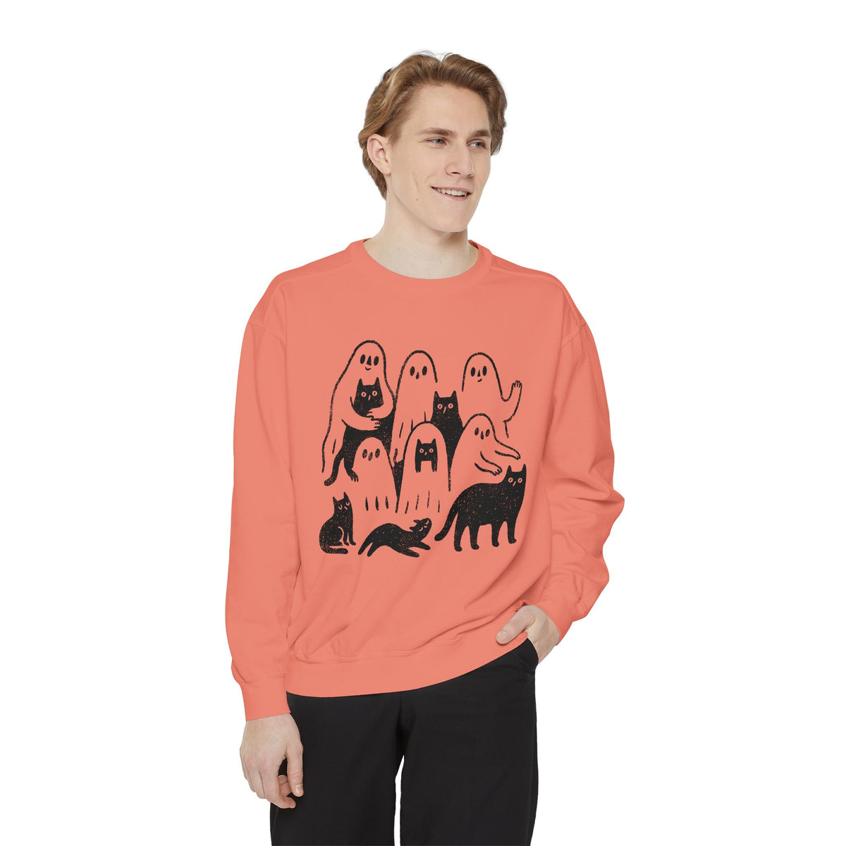 Ghost Cat Halloween Sweatshirt, Cute Spooky Cats and Ghosts Pullover, Cozy Pet Lover Gift, Minimal Black and White Fall Outfit for Women