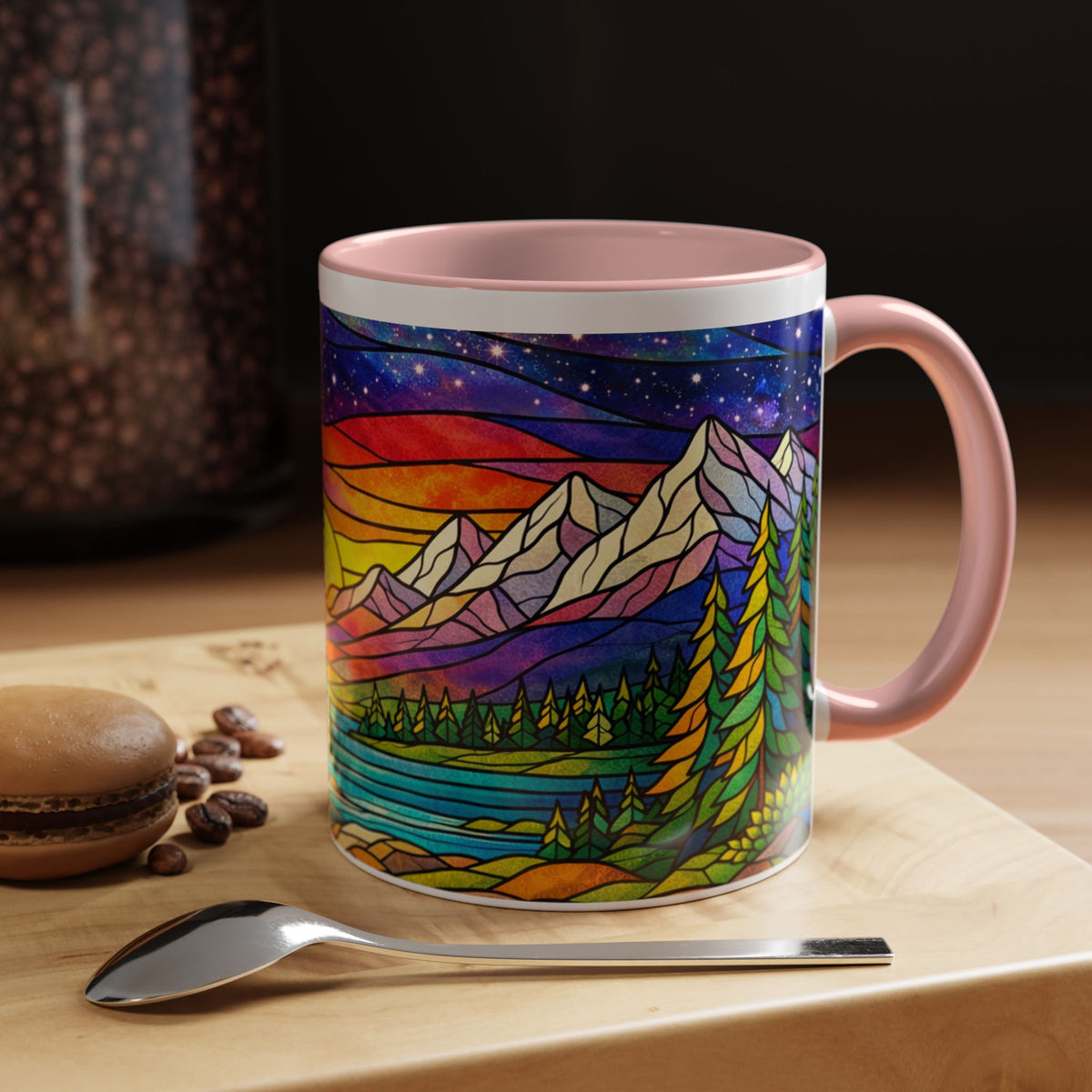 Colorful Sunset Landscape Mug, Stained Glass Nature Coffee Mug, Mountain Lake Art Mug, Outdoor Lover Gift, Scenic Ceramic Cup