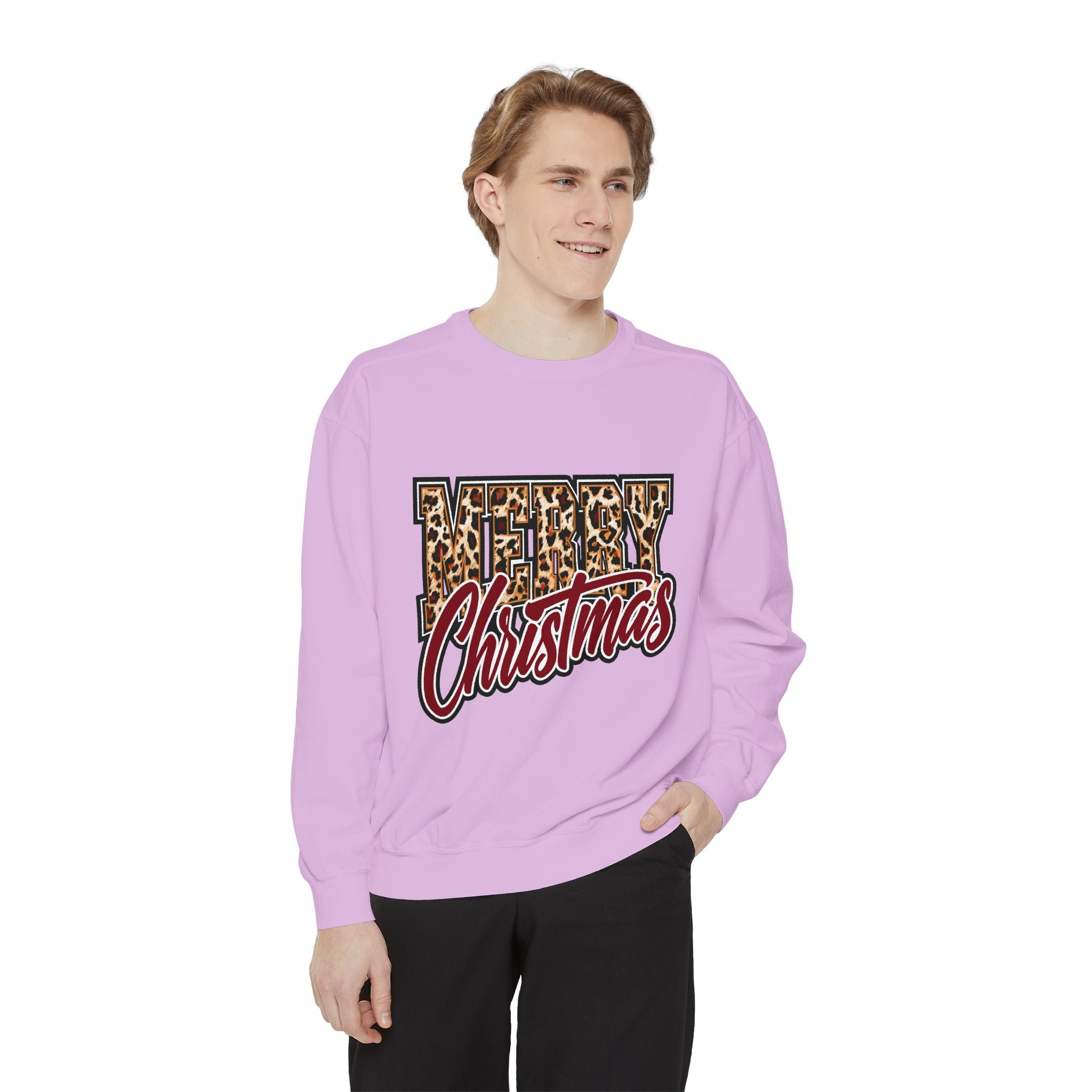 Merry Christmas Leopard Print Sweatshirt, Trendy Holiday Crewneck, Cheetah Lettering Pullover, Festive Gift for Women, Mom or Teacher