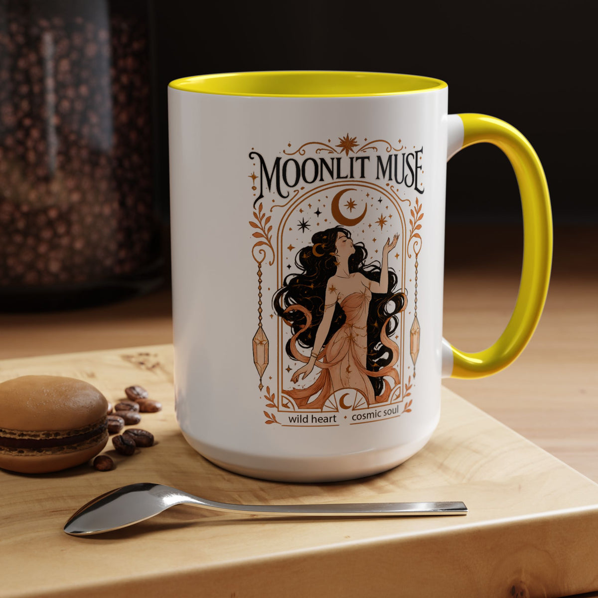 Moonlit Muse Coffee Mug, Celestial Goddess Art Mug, Mystic Moon Aesthetic Cup, Boho Spiritual Gift for Women, Cosmic Soul Coffee Mug