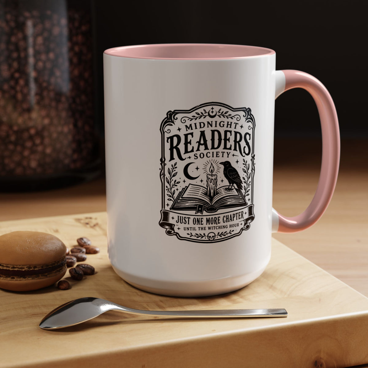 Midnight Readers Society Mug, Gothic Raven Book Black Accent Coffee Cup, Dark Academia Gift for Book Lover, Librarian or Night Reader