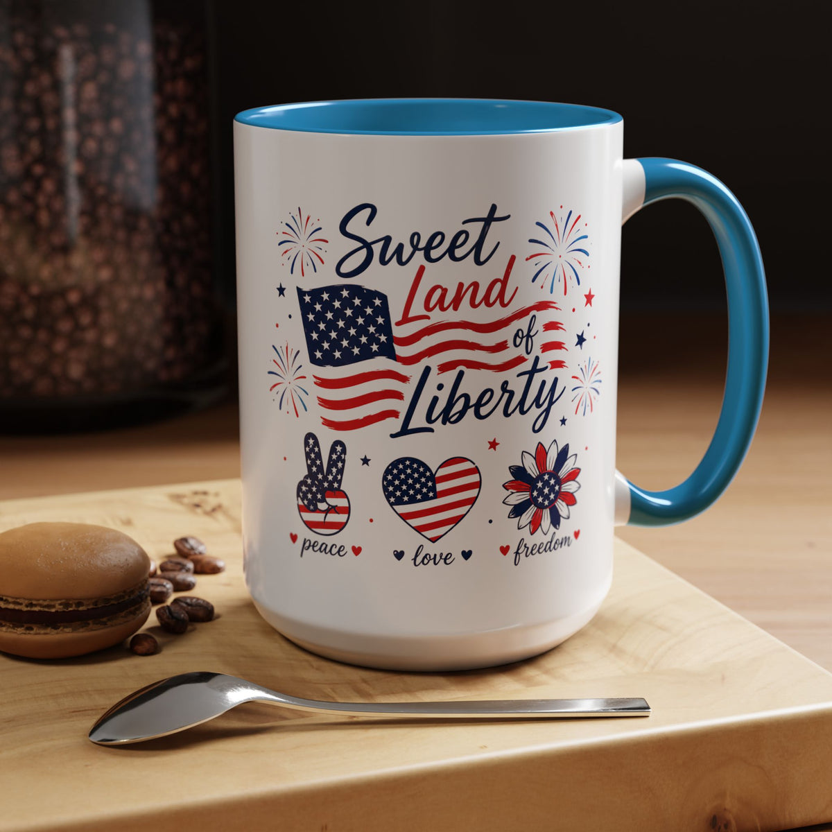 Sweet Land of Liberty Coffee Mug, Patriotic Fourth of July Mug, American Flag Heart Freedom Cup, USA Pride Gift for Women