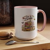 Book Lover Coffee Mug, Time to Escape Black Accent Cup with Books and Tea, Unique Cozy Gift for Reader, Librarian, Teacher or Bookworm