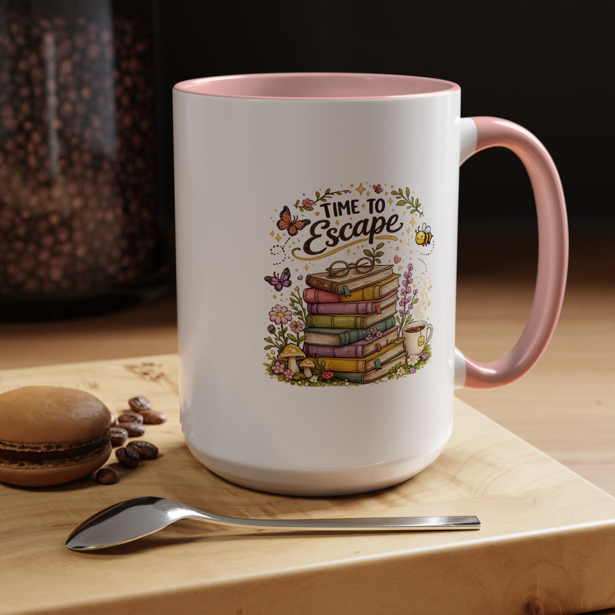 Book Lover Coffee Mug, Time to Escape Black Accent Cup with Books and Tea, Unique Cozy Gift for Reader, Librarian, Teacher or Bookworm