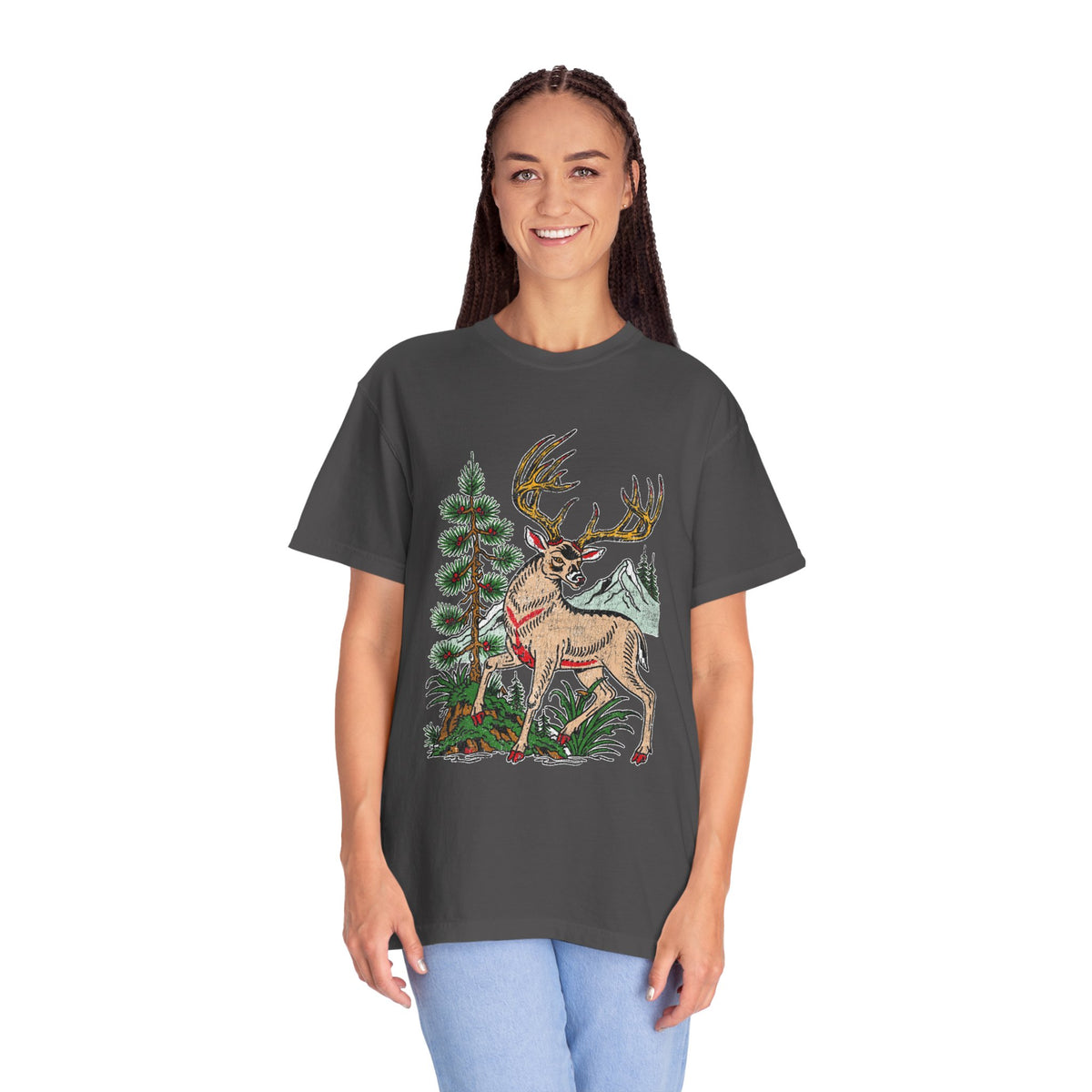 Woodland Deer Shirt, Rustic Stag and Mountain Graphic, Gift for Wildlife Lovers and Hikers, Forest Inspired Cabin Weekend Clothing