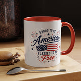 Proud to Be American Coffee Mug with US Flag, Patriotic 4th of July Gift for Veterans, Blessed to Be Free Red White and Blue Tea Cup