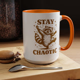 Stay Chaotic Raccoon Coffee Mug, Funny Trash Panda Gift for Friends, Sarcastic Animal Meme Ceramic Tea Cup with Pink Handle