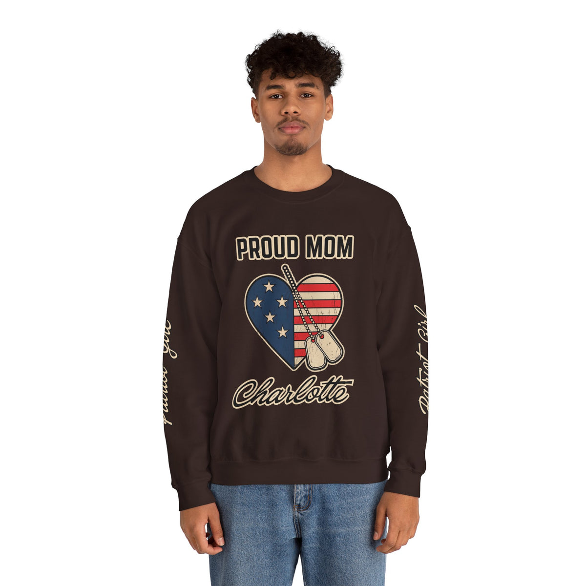Personalized Proud Mom Sweatshirt, Custom Military Mom Pullover, American Flag Heart Crewneck, Military Mom Gift, Patriotic Mother Shirt