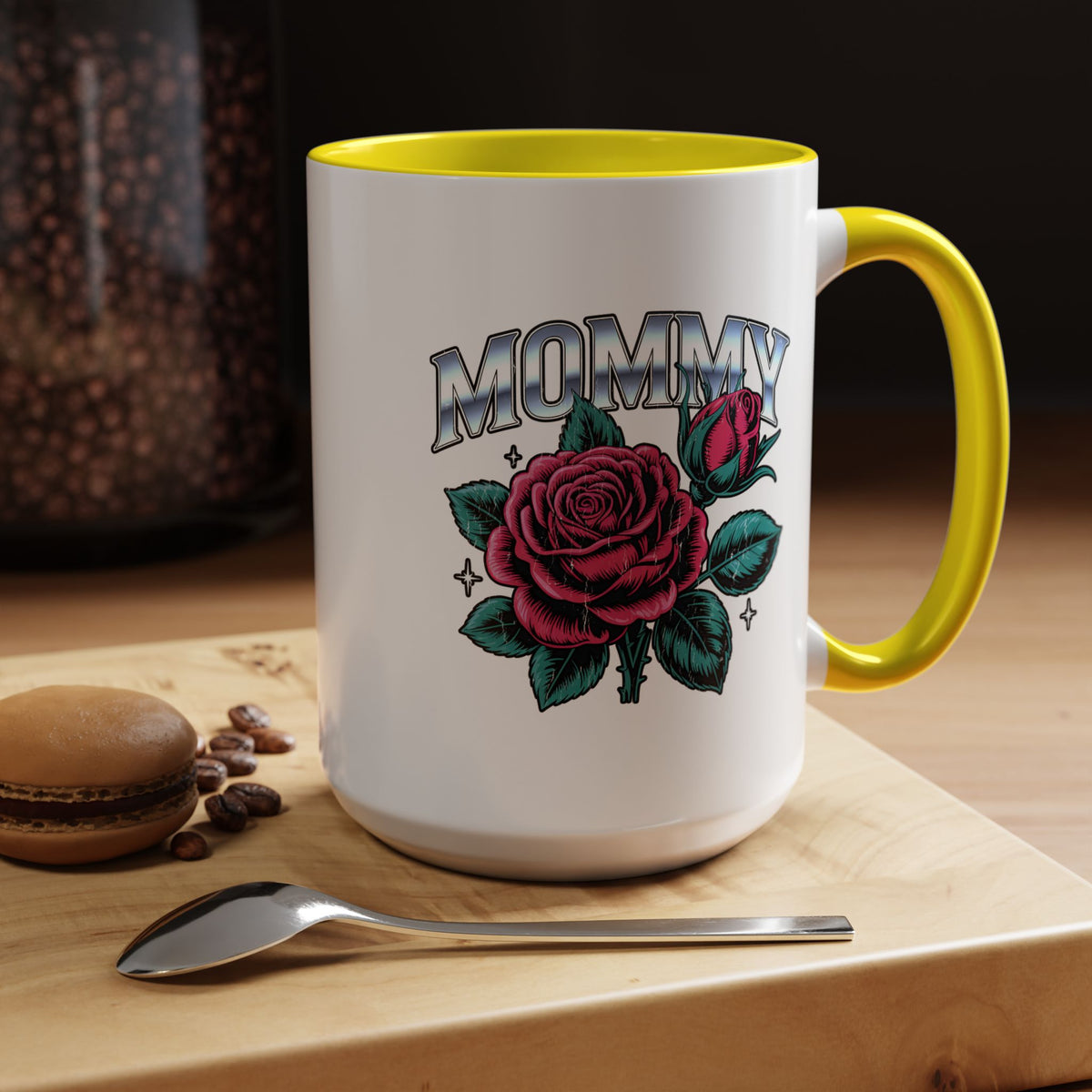Mommy Coffee Mug, Pink Rose and Teal Leaf Design with Silver Look Lettering, Mother's Day Gift for Mom or a Floral Birthday Present for Her
