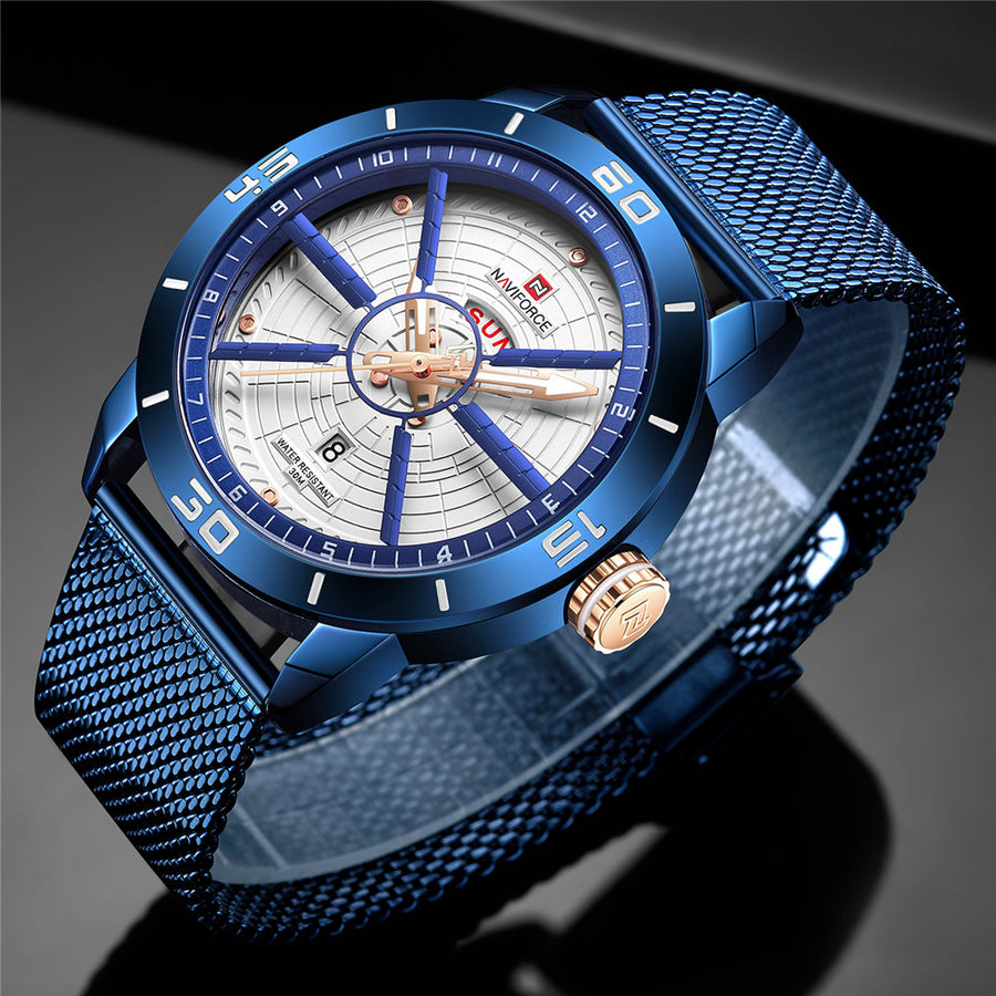 NAVIFORCE blue watch with mesh steel bracelet and white dial