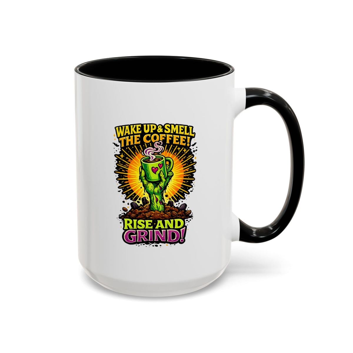 Zombie Coffee Mug, Wake Up and Smell the Coffee Black Accent Cup, Unique Funny Rise and Grind Gift for Horror Fan, Barista or Coworker