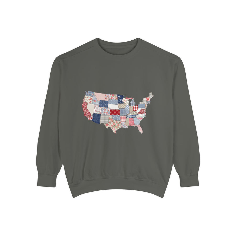 Patchwork USA Map Comfort Sweatshirt, Quilted America Crewneck Sweatshirt, Patriotic Americana Gift, Fourth of July Comfort Sweatshirt