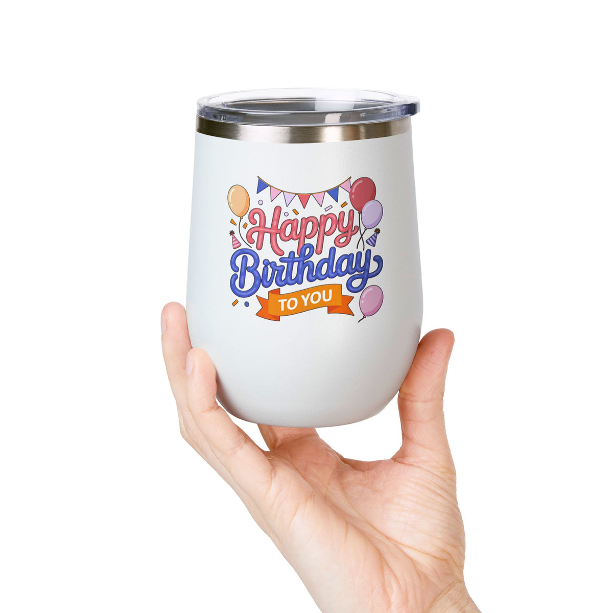 Happy Birthday to You Wine Tumbler, Pink and Blue Balloons with Party Bunting, Colorful Drinkware Gift for a Sister or Best Friend's Party