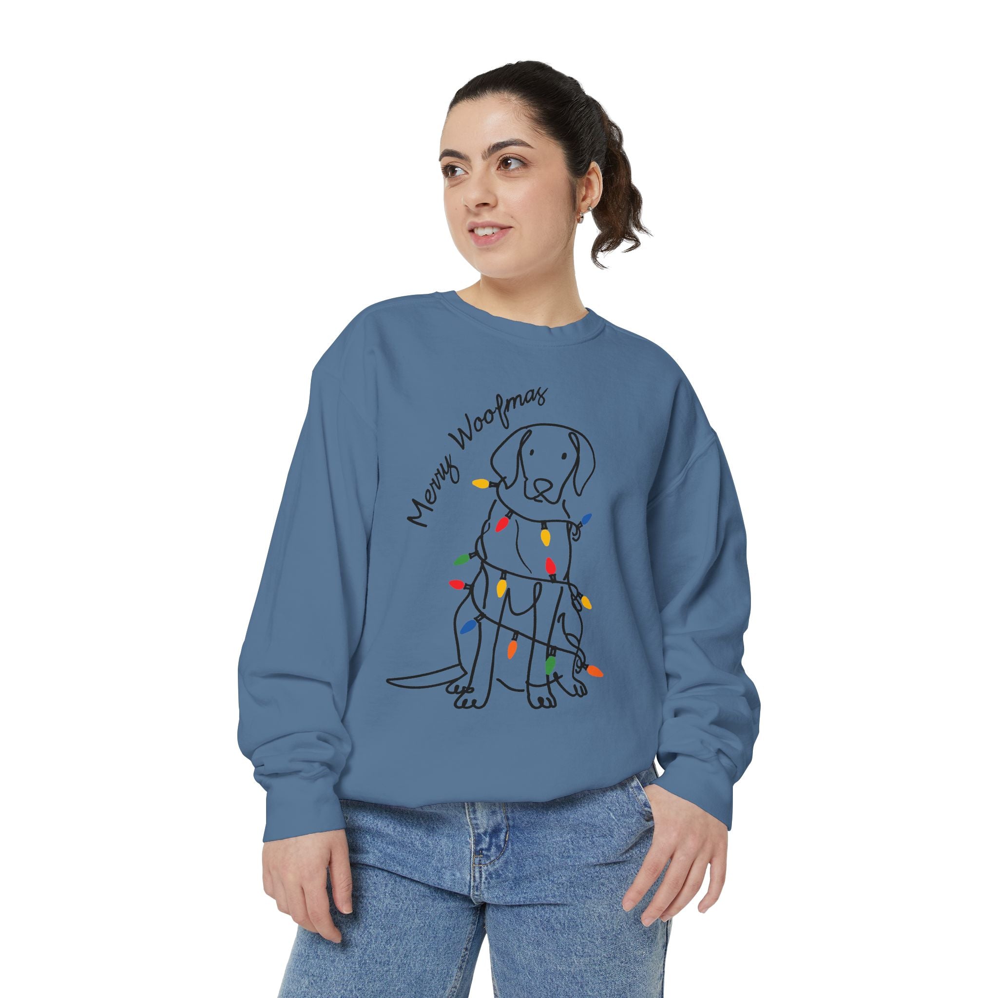 Merry Woofmas Dog Sweatshirt, Funny Christmas Puppy Crewneck, Holiday Lights Pet Lover Pullover, Cute Christmas Gift for Dog Mom or Dog Dad