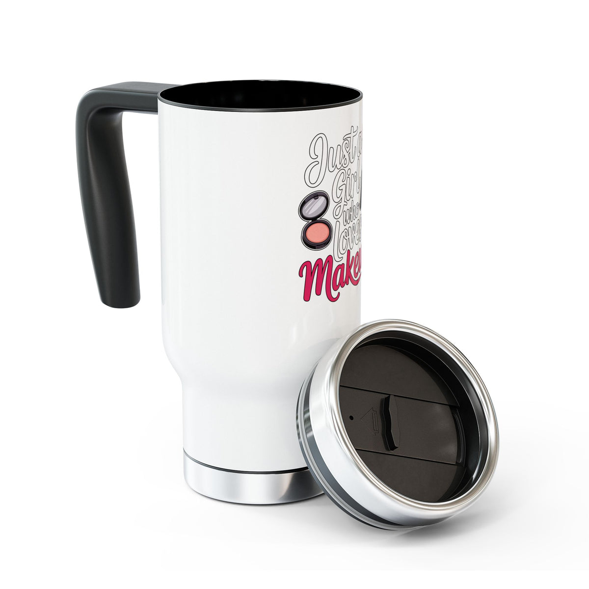 Makeup Lover Travel Mug with Handle, Just a Girl Who Loves Makeup, Cute Cosmetic Coffee Cup, Beauty Gift for Her, Girly Tumbler