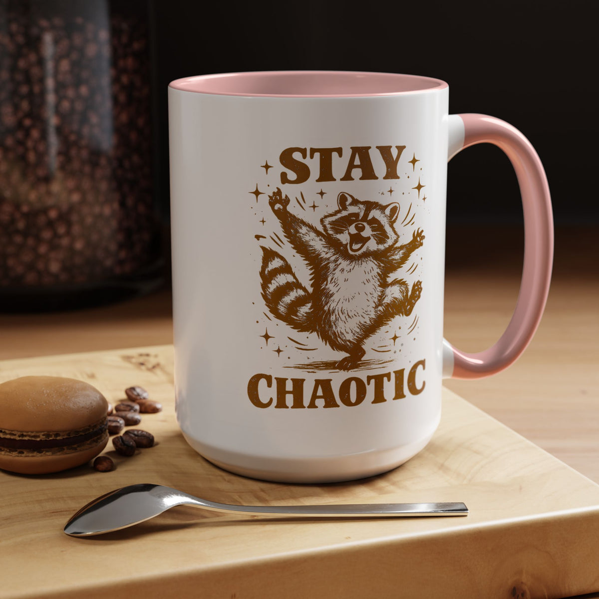 Stay Chaotic Raccoon Coffee Mug, Funny Trash Panda Gift for Friends, Sarcastic Animal Meme Ceramic Tea Cup with Pink Handle