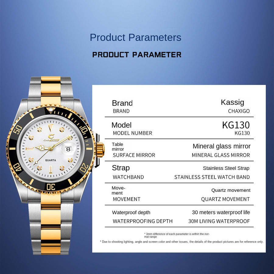 Two-tone gold and silver quartz watch with a blue diver style dial, bezel, and date window
