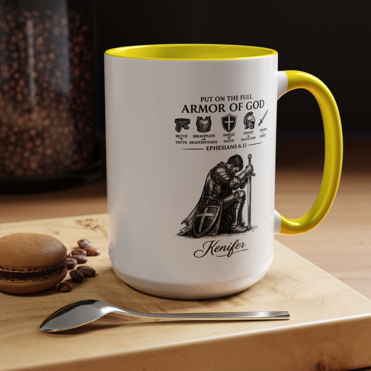 Full Armor of God Coffee Mug with Name, Personalized Christian Knight Gift for Men, Inspirational Scripture Ceramic Tea Cup, Religious Faith Present