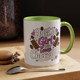 Chocolate Lover Coffee Mug, Just a Girl Who Loves Chocolate Quote, Purple Hearts and Cocoa Design, Sweet Birthday Gift for a Best Friend