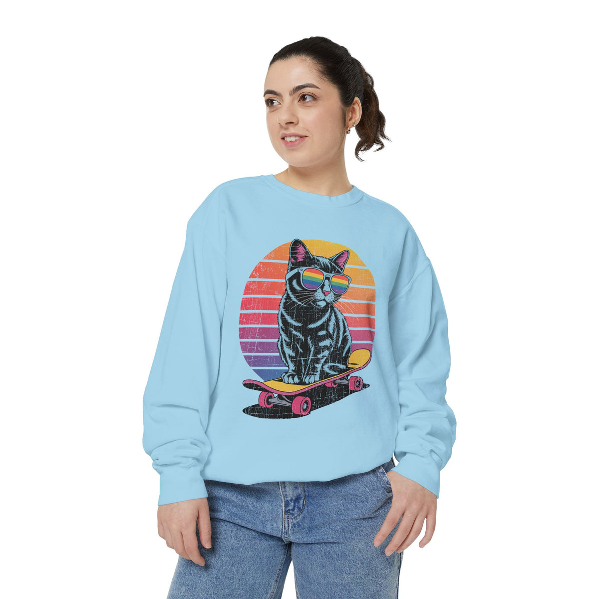 Retro Skateboard Cat Sweatshirt, Rainbow Sunglasses Kitty Crewneck, Funny Cat Lover Gift, Vintage Skater Graphic Cozy Pullover Top
