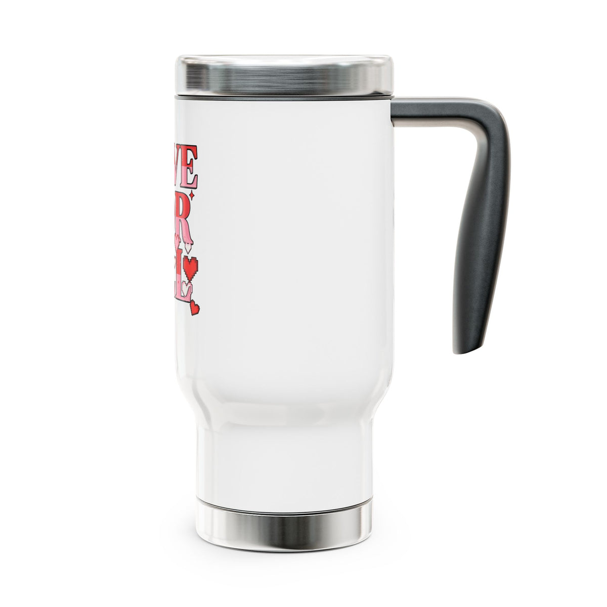 Stainless Steel Travel Mug, Love for All Pixel Heart Cup, Romantic Gift for Her, Cute Valentine Drinkware, Everyday Coffee Mug