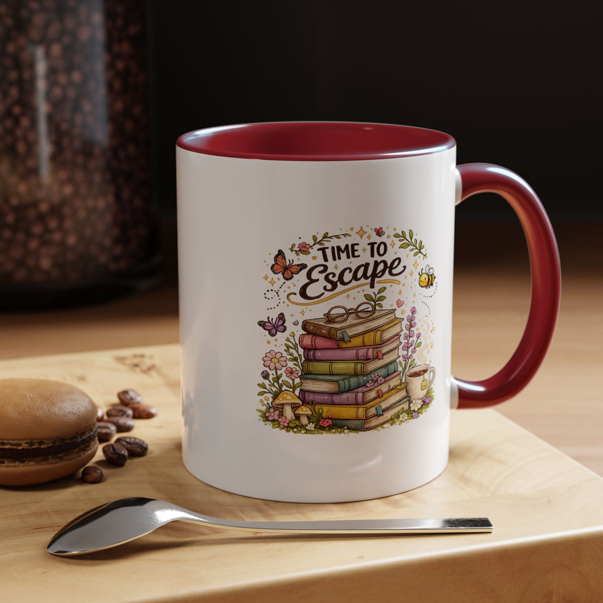 Book Lover Coffee Mug, Time to Escape Black Accent Cup with Books and Tea, Unique Cozy Gift for Reader, Librarian, Teacher or Bookworm
