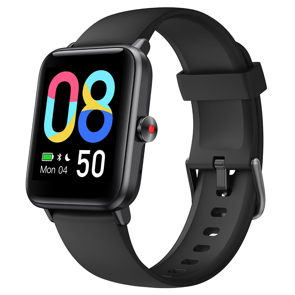 Black square smartwatch touchscreen showing a colorful digital time display
