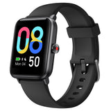Black square smartwatch touchscreen showing a colorful digital time display