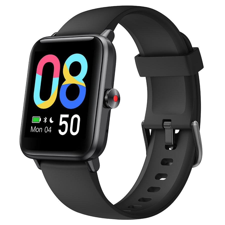 Black square smartwatch touchscreen showing a colorful digital time display