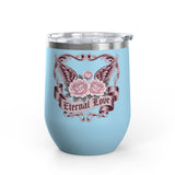 Eternal Love Wine Tumbler, Gothic Rose and Angel Wings Design, Romantic Anniversary Gift for Her, Vintage Tattoo Style Drinkware
