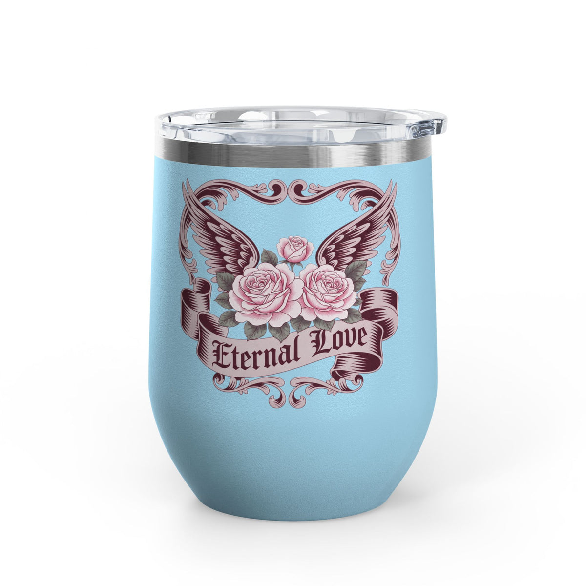 Eternal Love Wine Tumbler, Gothic Rose and Angel Wings Design, Romantic Anniversary Gift for Her, Vintage Tattoo Style Drinkware