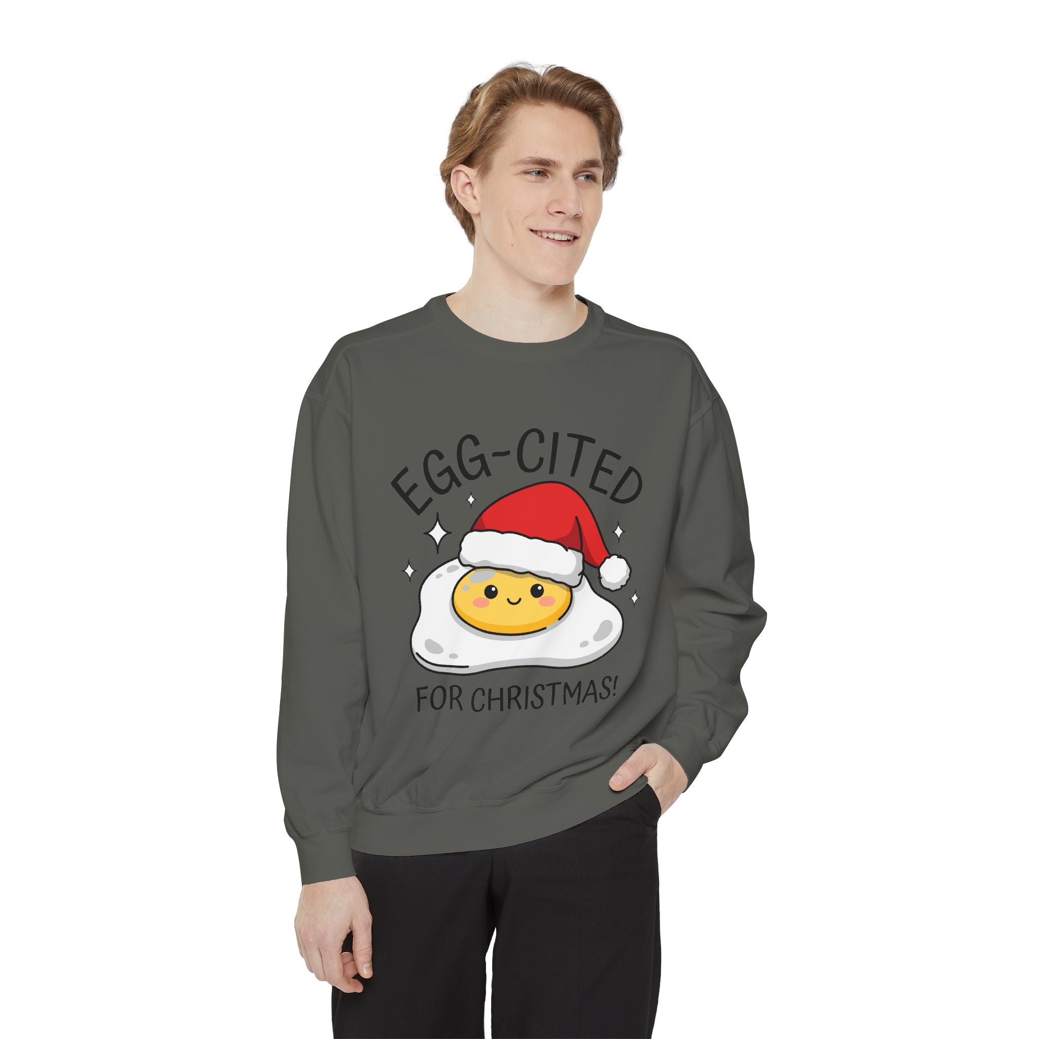 Egg-Cited for Christmas Sweatshirt, Funny Fried Egg Crewneck, Cute Food Pun Holiday Pullover, Christmas Breakfast Gift for Brunch Lover