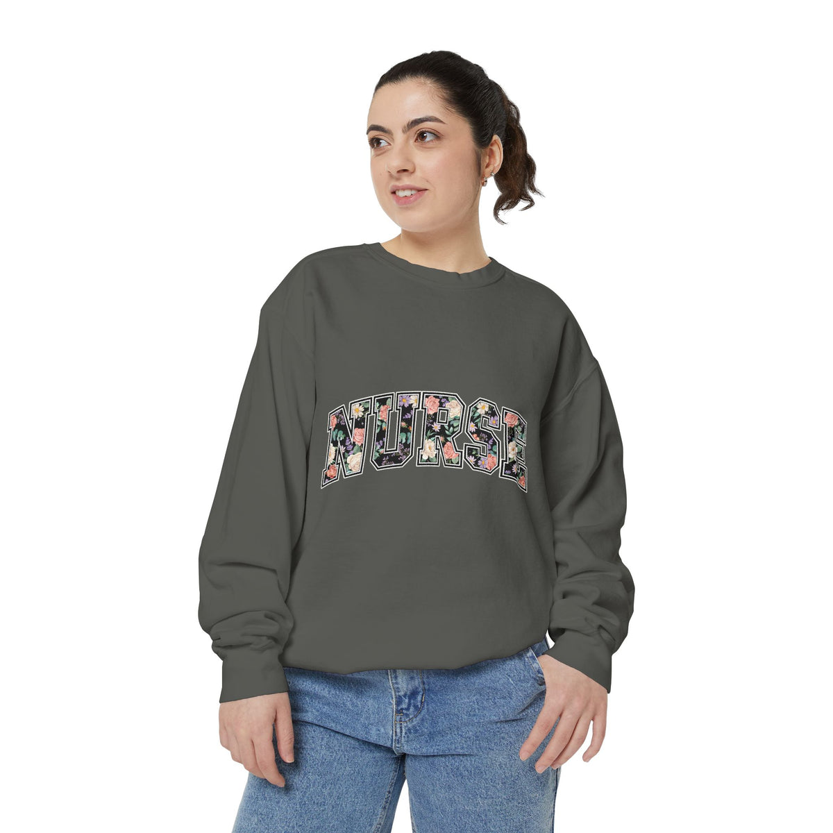 Nurse Floral Comfort Colors Sweatshirt, Nurse Appreciation Gift, Retro Varsity Nurse Crewneck, Healthcare Worker Sweatshirt