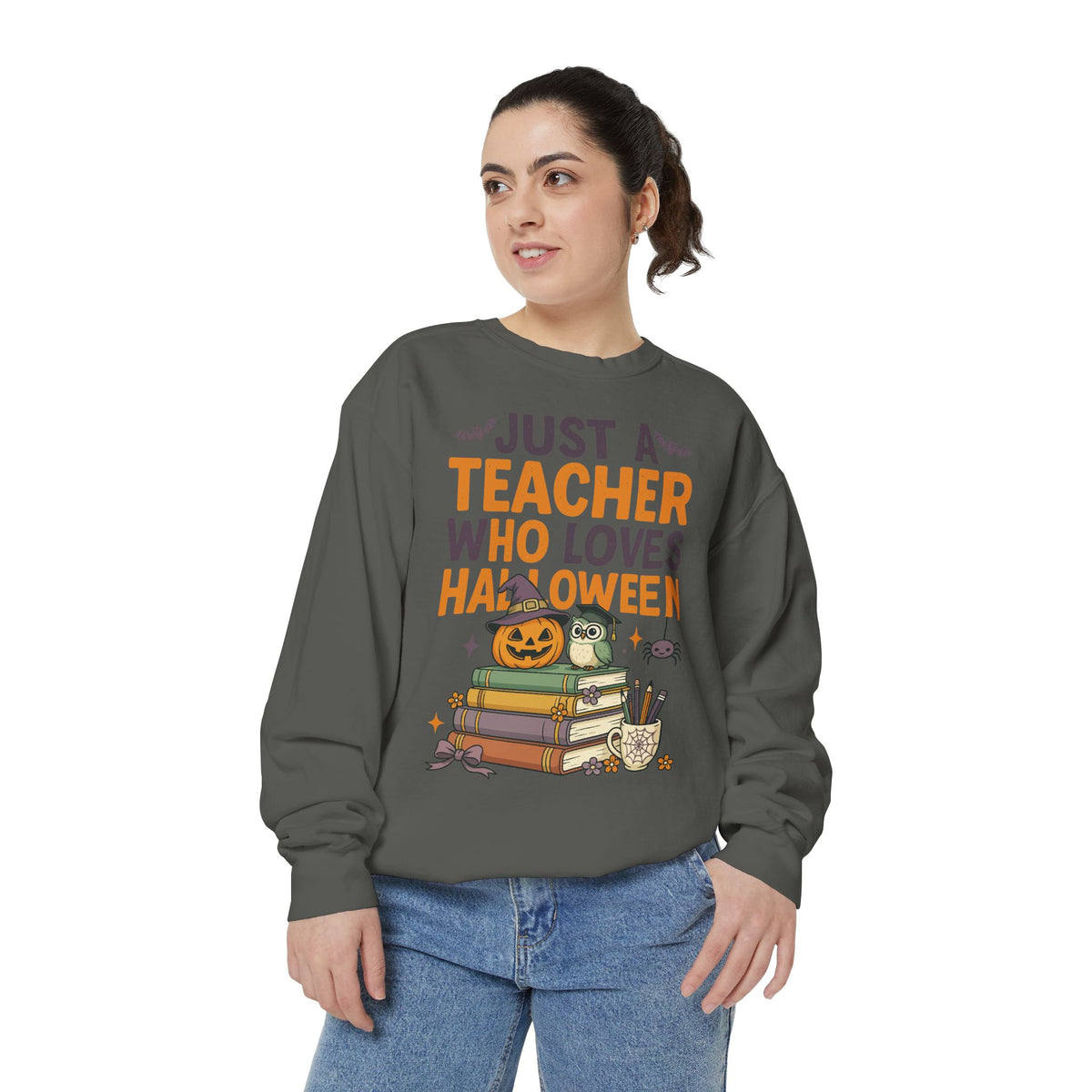 Teacher Halloween Sweatshirt, Just a Teacher Who Loves Halloween Crewneck, Spooky Classroom Shirt, Educator Gift, Cute Fall School Outfit